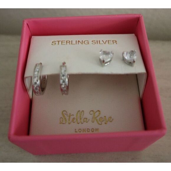Stella Rose London Sterling Silver, 2 Set Earrings - Huggie & Heart Shaped Stud - Picture 3 of 7